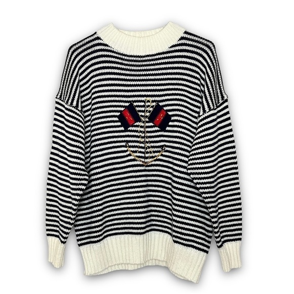 VINTAGE 80s Nautical Stripe Anchor Embroidery Crewneck Chunky Oversize Sweater L - Picture 1 of 5